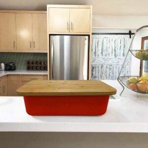 Red Bread Bin on Counter with Fruit
